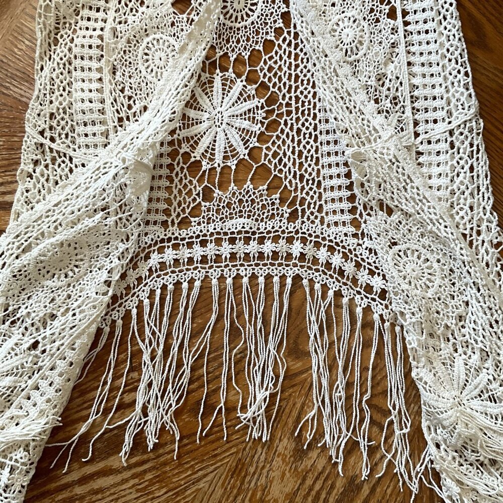 CATO CROCHET FLORAL  LACE FRINGE BOHO OPEN FRONT CARDIGAN - Picture 12 of 16